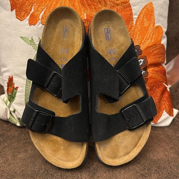 BIRKENSTOCK ARIZONA SOFT FOOTBED BLACK SUEDE CORK DOUBLE BUCKLE 39 REGULAR M6 L8 - Picture 3 of 15